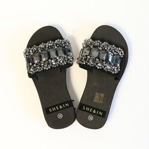 New black embellished crystal sandals open toe slides summer resort EUR 36 US 6